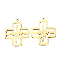 Golden 201 Stainless Steel Pendants, Cross with Heartbeat Pattern Charms, Laser Cut, Cut-Out, Golden, 28.5x24x1mm, Hole: 1.5mm
