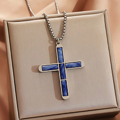 Blue Agate 304 Подвеска в виде религиозного креста из нержавеющей стали с кулоном из окрашенного натурального синего агата., цвет нержавеющей стали, 21.65 дюйм (55 см)