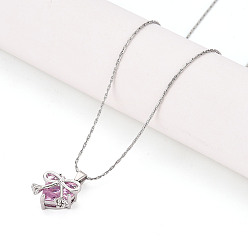 Бледно-Розовый Латунное кубическое цирконие в форме сердца с подвеской в виде банта 304 цепочки из нержавеющей стали, цвет нержавеющей стали, розовый жемчуг, 15.94 дюйм (40.5 см)