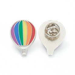 Colorful Alloy Pride Enamel Brooches, Enamel Pin, with Butterfly Clutches, Rainbow Hot Air Balloon, Platinum, Colorful, 28x20x10mm