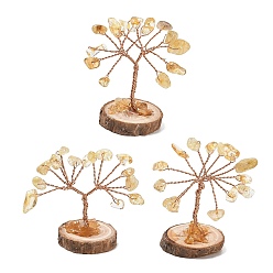 Yellow Quartz Natural Yellow Quartz Chips Tree of Life Decorations, with Wooden Base & Copper Wire, Feng Shui Energy Stone Gift for Home Desktop Decoration, 31~32x29~33x33~50mm