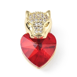 Red Real 18K Gold Plated Rack Plating Brass Micro Pave Clear Cubic Zirconia Pendants, with Glass, Long-Lasting Plated, Cadmium Free & Lead Free, Leopard with Heart Charm, Red, 20x12x10.5mm, Hole: 5x4mm