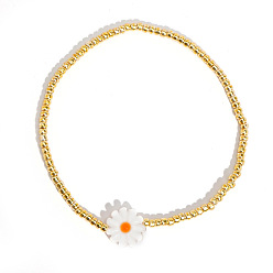 Цветок 1ПК богемные летние стеклянные бисерные браслеты, браслеты из ракушек для женщин, цветок, внутренний диаметр: 6-7/8 дюйм (17.5 см)