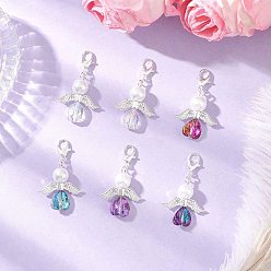 (52) Непрозрачная лаванда Подвеска в форме сердца ангела из стекла и стеклянного жемчуга, с цинковым сплавом застежками омаров коготь, разноцветные, 37 мм, Кулон : 25x22x8 мм