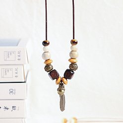 Круглые Ожерелья из вощеного шнура с подвеской из сплава, Женские ожерелья из фарфора и дерева, античная бронза, круглые, 19.69 дюйм (50 см)