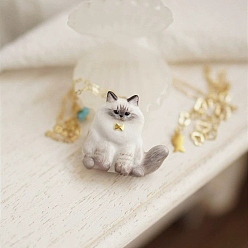 WhiteSmoke 304 Stainless Steel Enamel Cute Cat Shape with Flower Pendant Necklaces for Women, Golden, WhiteSmoke, 15.75 inch(40cm), Cat: 16x17x9mm