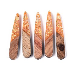 Темно-Оранжевый Подвески из непрозрачной смолы и орехового дерева, слезинки, с блестящей пудрой и золотой фольгой, темно-оранжевый, 44x7.5x3~3.5 мм, отверстие : 1.6 мм