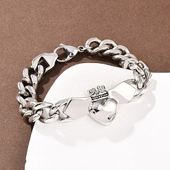 Нержавеющая Сталь Цвет 304 из нержавеющей стали цепи браслеты, сердце с короной, цвет нержавеющей стали, 8-1/2 дюйм (21.6 см)