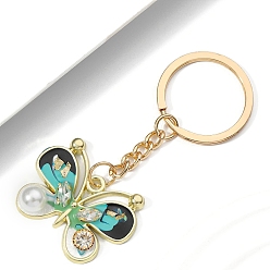 Темно-бирюзовый Брелки со стразами из сплава, украшения для сумок и кошельков, Эмаль стиле, с имитацией жемчужина бисера, бабочка, темные бирюзовый, 8.5x4 см