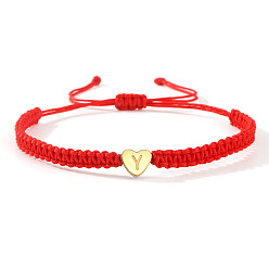 Letter Y 304 Браслеты из плетеных бусин из нержавеющей стали, регулируемые женские браслеты из нейлоновой нити, сердце с начальным, золотые, Письмо Y, 11.02 дюйм (28 см)