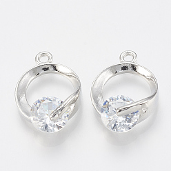 Platinum Alloy Cubic Zirconia Pendants, Ring, Platinum, 18x12x5.5mm, Hole: 1.5mm