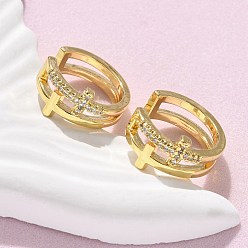 Cross Латунные серьги-манжеты из прозрачного кубического циркония, стойки покрытие, долговечный, без свинца и без кадмия, реальный 18 k позолоченный, крестик, 15x8.5 мм