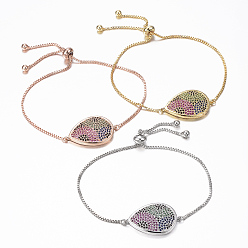 Mixed Color Adjustable Brass Micro Pave Cubic Zirconia Bolo Bracelets, Slider Bracelets, with Brass Box Chains, teardrop, Mixed Color, 10-5/8 inch(270mm)