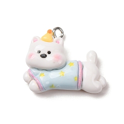 White Opaque Resin Pendants, Dog with Star Outfit Charm, with Platinum Iron Eye Pin, White, 21x25x8mm, Hole: 2mm