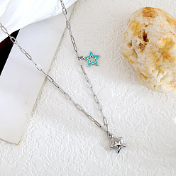 Stainless Steel Color 304 Stainless Steel Enamel Pendant Necklaces, Star, Deep Sky Blue, Stainless Steel Color, 15.75 inch(40cm)