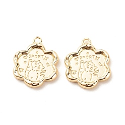 Light Gold Brass Pendants, Flower with Cat & Word Sport, Light Gold, 17x14x2mm, Hole: 1.5mm