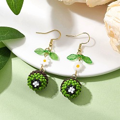 Золотой Серьги с подвесками из стеклянного бисера, узоры ткацкого станка, с акриловым листом и цветком лэмпворк, киви, золотые, 55x15.5 мм