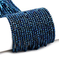со Синим Покрытием Стеклянные бусины с гальваническим покрытием , полное покрытие, граненые круглые, с покрытием синим, 2 мм, отверстие : 0.7 мм, около 160~178 шт / нитка, 34.5~36 см