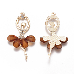 Шоколадный Большие сплавочные подвески, со смолой и хрустальными стразами, граненые, балерина, золотые, цвет шоколада, 59~60x30~31x4.5 мм, отверстие : 2.5 мм