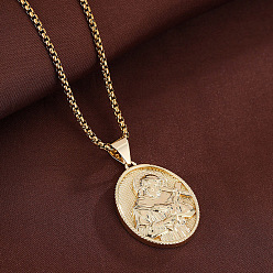Golden Religion Brass Oval with Embossed Saint Pendant Necklaces for Women, Golden, 23.62 inch(60cm)