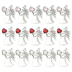Mixed Color 30Pcs 3 Colors Antique Silver Alloy Rhinestone Pendants, Angel with Heart Charms, Mixed Color, 36x25.5x4.5mm, Hole: 1.8mm, 10pcs/color
