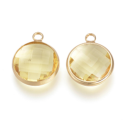 Champagne Yellow Glass Pendants, with Brass Findings, Faceted, Flat Round, Champagne Yellow, 9.5x6.5x2.5mm, Hole: 2mm