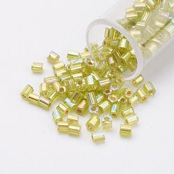 Green Yellow 11/0 Two Cut Round Hole Glass Seed Beads, Hexagon, Silver Lined, Rainbow Plated, Green Yellow, 2x2mm, Hole: 0.5mm, about 41000pcs/pound