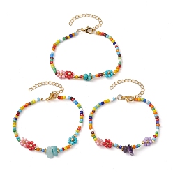 Mixed Color 3Pcs 3 Style Natural & Synthetic Mixed Gemstone Chips Beaded Bracelets Set, Flower Glass Seed Stackable Bracelets, Mixed Color, 7-1/8 inch(18cm), 1Pc/style