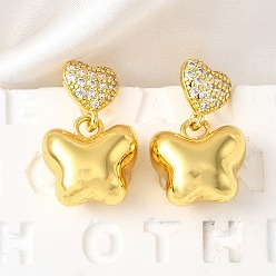 Настоящее золото 18K Висячие серьги-гвоздики с сердцем и бабочкой из латуни с микропаве из прозрачных кубических цирконий, без кадмия и без свинца, долговечный, стойки покрытие, реальный 18 k позолоченный, 25.5x15.5 мм