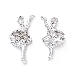 Platinum Alloy Crystal Rhinestone Pendants, Ballet Dancer Charms, Platinum, 23x13x3mm, Hole: 1.6mm