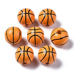 Orange Painted Natural Wood European Beads, Large Hole Beads, Printed, Basketball, Orange, 16x15mm, Hole: 4mm