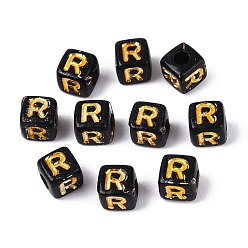 Letter R Непрозрачные акриловые бусины, золотой металл обвитыми, куб с письмом, чёрные, Буква R, 4.5~5x4.5~5x4.5~5 мм, отверстие : 2 мм, Около 6250 шт / 500 г
