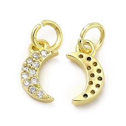 Golden Brass Micro Pave Cubic Zirconia Charms, with Jump Ring, Moon Charm, Golden, 11x5.8x2.3mm, Hole: 2.5mm