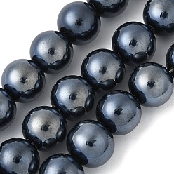 Морской Синий Гальванизированные круглые перламутровые стеклянные жемчужные бусины нити, Marine Blue, 14x13.5 мм, отверстие : 1.8 мм, около 29 шт / нитка, 14.96'' (38 см)