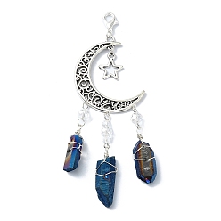 Prussian Blue Dyed Natural Quartz Crystal Pendant Decorations, Nuggets & Moon, Prussian Blue, 95~100mm