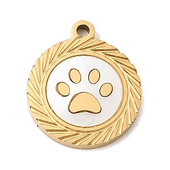 Paw Print Плоские круглые подвески из натуральных белых ракушек, с 304 установками из нержавеющей стали, ионное покрытие (ip), реальный 18 k позолоченный, отпечаток лапы, 14x12x1 мм, отверстие : 1.4 мм