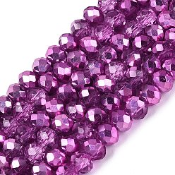 Фуксин Прозрачные стеклянные бусины гальваническим пряди, рондель, со серебряным покрытием, с половиным покрытием, окрашенная и подогревом, граненые, фуксиново-красные, 4~4.5x3.5~4 мм, отверстие : 0.8~0.9 мм, около 111~115 шт / нитка, 15.75~16.34 дюйм (40~41.5 см)