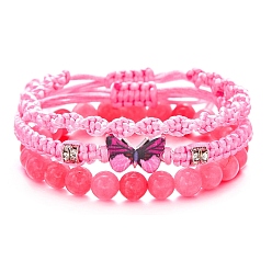 Ярко-Розовый 3шт 3 стиль окрашенные драгоценные камни круглые эластичные наборные браслеты, сплав бабочка плетеные бусины регулируемые браслеты, ярко-розовый, 7-1/8~10-1/4 дюйм (18~26 см)