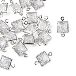 Real Platinum Plated SHEGRACE Brass Pave Clear Cubic Zirconia Square Connector Charms, Cadmium Free & Nickel Free & Lead Free, Long-Lasting Plated, Real Platinum Plated, 12x7x3mm, Hole: 1mm