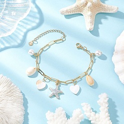 Светло-серый Браслеты с подвесками из натуральных пресноводных ракушек и эмалевой сплава, браслеты-цепочки из латуни для скрепок для женщин, морская звезда и сердце, светло-серый, 7-1/4 дюйм (18.5 см)