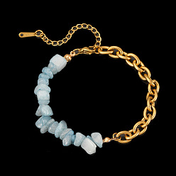 Аквамарин Повседневные модные браслеты из бусин с натуральным аквамарином, 201 женские браслеты-цепочки из нержавеющей стали, золотые, 6.69 дюйм (17 см)