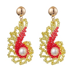 Красный Серьги-гвоздики из стеклянных бусин и стеклянных жемчужных бусин в форме ракушки для женщин, с железной фурнитурой, золотые, красные, 44.5x24 мм