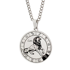 Leo Non-Tarnish Unisex 201 Stainless Steel Constellation Pendant Necklaces, with Curb Chains, Laser Engraved Pattern, Flat Round, Leo, 13.19 inch(335mm) 