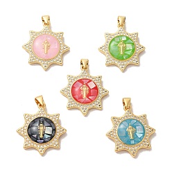 (52) Непрозрачная лаванда Стойки обшивки латунь кубического циркония подвески, с эмалью и ракушкой, долговечный, без свинца и без кадмия, реальный 18 k позолоченный, солнце с девой марией, разноцветные, 25x22x5 мм, отверстие : 4x5 мм