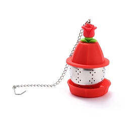 Red Silicone Tea Infuser, with 304 Stainless Steel Filter & Chain & Hook, Flower, Red, 250mm