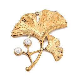 Golden 304 Stainless Steel Big Pendants, with Plastic Pearl, Ginkgo Leaf Charms, Golden, 50x43x6mm, Hole: 2mm