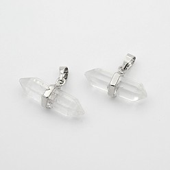 Хрусталь Кулоны с острым концом из натурального кристалла кварца, горного хрусталя, латунная фурнитура с платиновым покрытием, пуля, 15.5x30~35x8~9 мм, отверстие : 5x7.5 мм