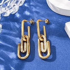 Золотой 304 серьги-гвоздики в виде скрепки из нержавеющей стали, со стразами, золотые, 42.5x12.5 мм