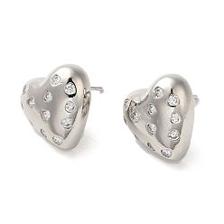 Платина Серьги-гвоздики из латуни с микро-паве и кубическим цирконием в форме сердца для женщин, долговечный, без свинца и без кадмия, платина, 16.5x15.5 мм