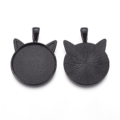 Black Alloy Kitten Pendant Cabochon Settings, Cat Head, Electrophoresis Black, Tray: 25mm, 37x27x2mm, Hole: 3.5x5mm